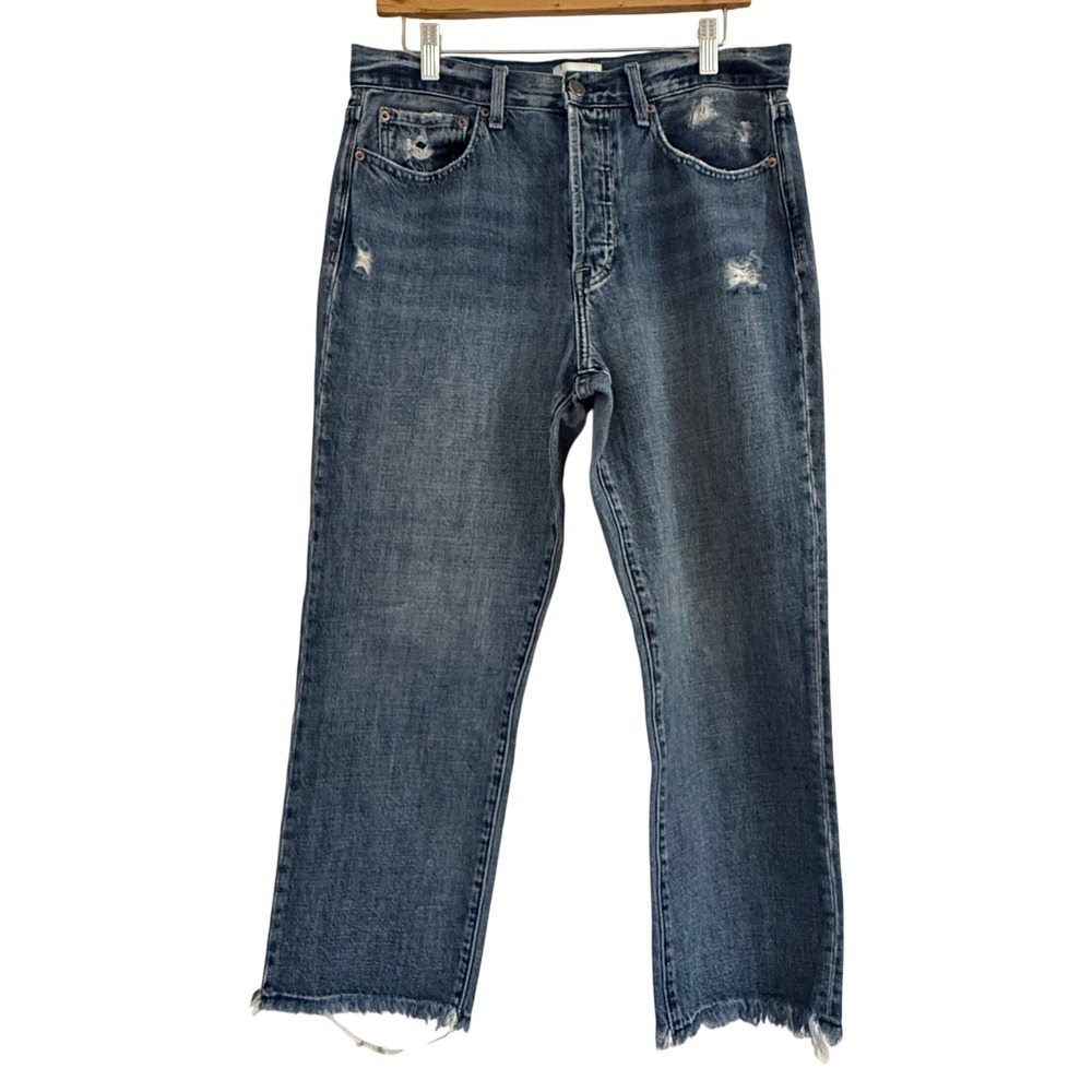 Pistola High Rise Straight Leg Distressed Jeans Medium Wash Raw Hem Size 31